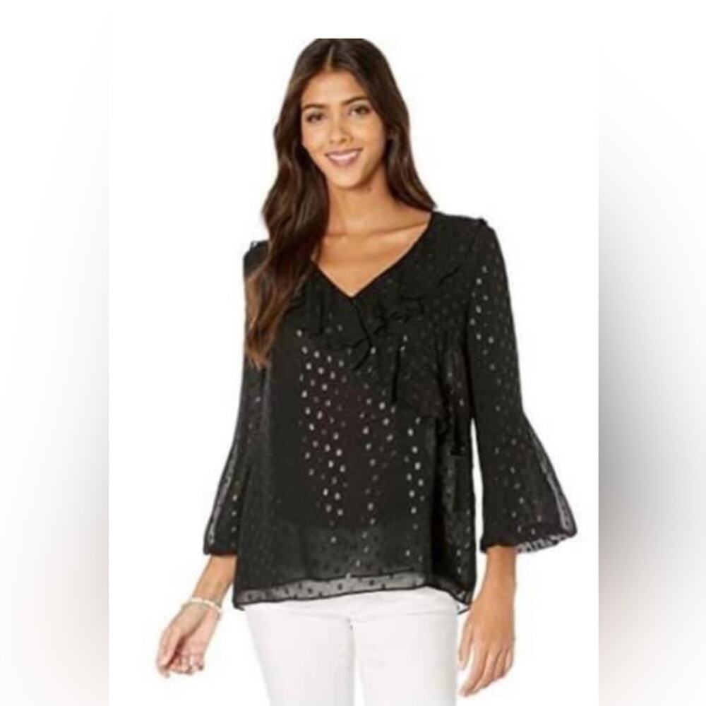 Lilly Pulitzer‎ Olenna Blouse Women XS Black Excellent Silk Metallic Clip Dot